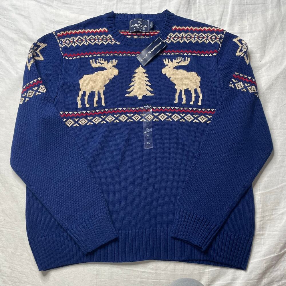 NWT American Living Blue Nordic Fair Isle Knit Sweater Men's XL Moose Cotton
